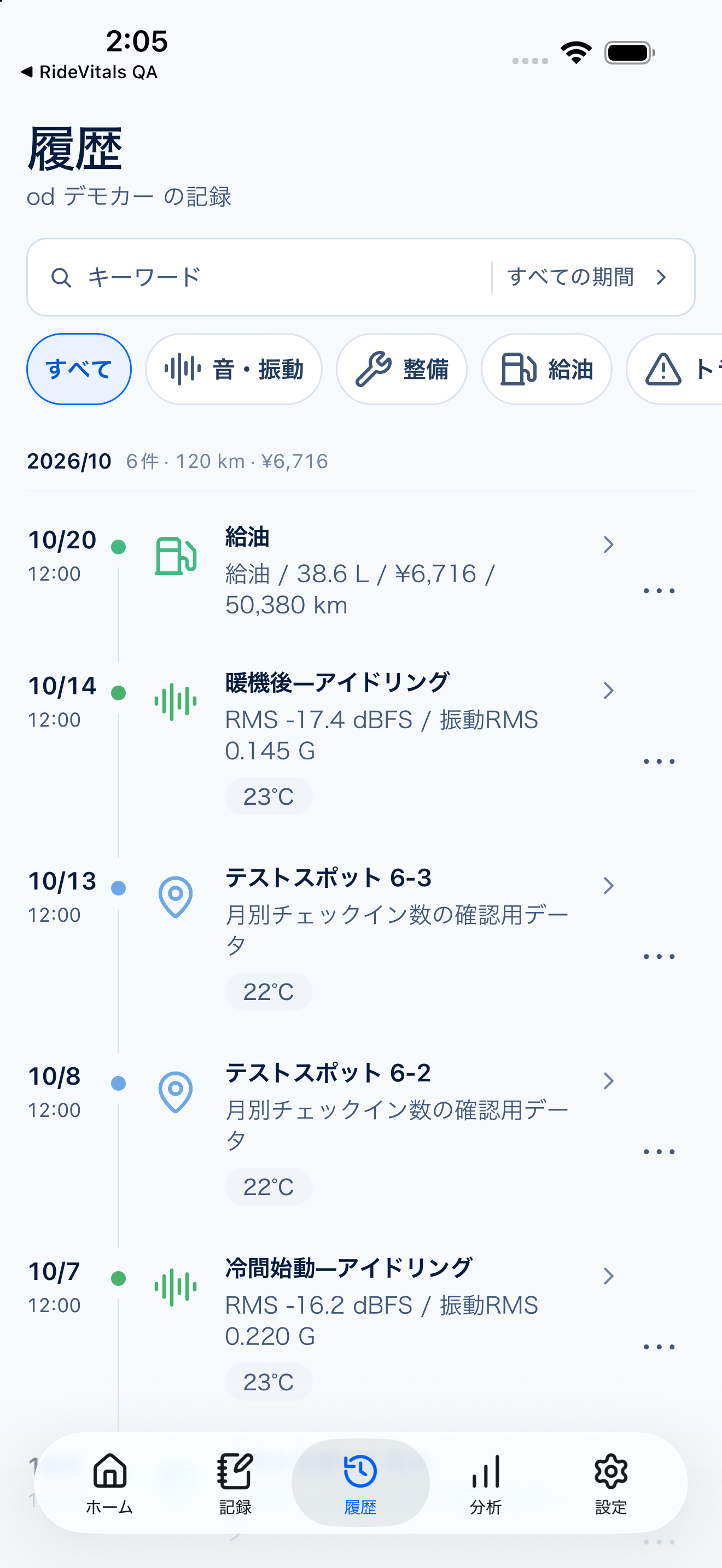 odの実際の履歴画面。10月の給油、録音、チェックインの記録